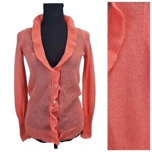 J. Crew Lightweight Mohair Blend Ruffle Neck Cardigan XS Coral Sheer Knit Y2K